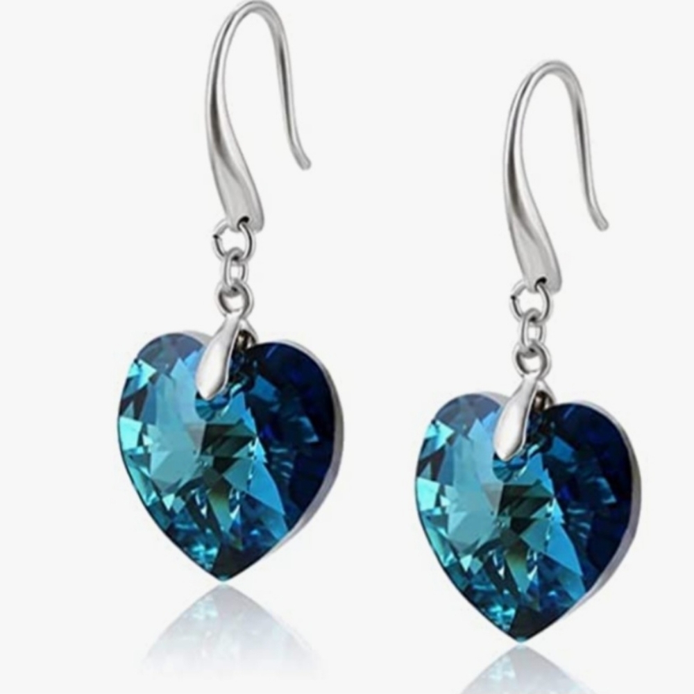 Dark Blue Crystal Stone, Heart shape Hoop Earring with Pink Velvet Pouch